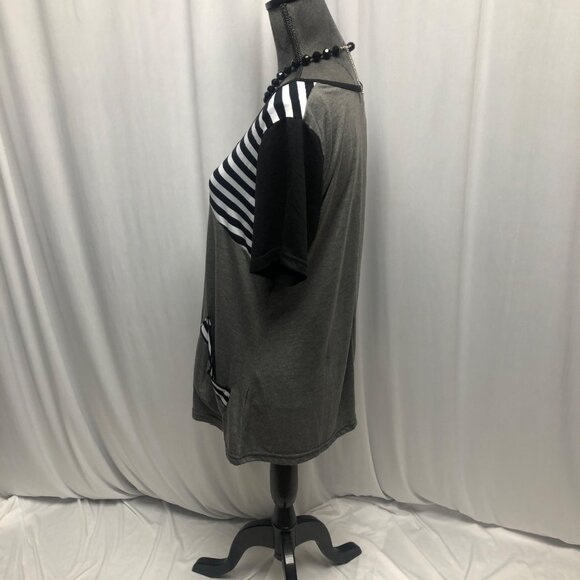 Creation Striped Asymmetrical Tunic Womens Size XL Grey Black Short Sleeve NEW - Picture 3 of 8